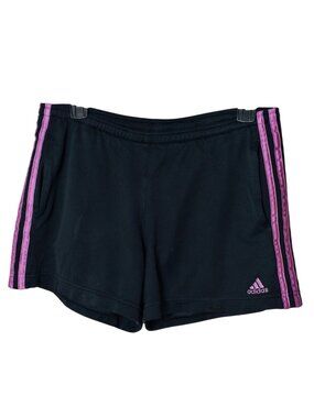 VTG Adidas Womens S Athletic Shorts Black Ppl Stripes Pockets Sports Workout Run